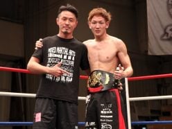 Yuta "Uruka" Sasaki (right) with his trainer Kenichi Serizawa after winning Shooto Pacific Rim title in January of this year